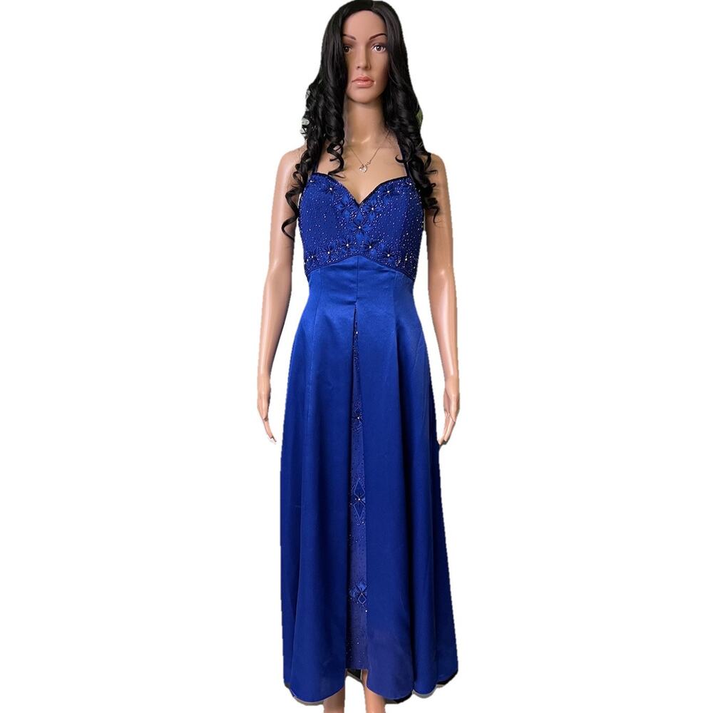 VTG 90s Royal Blue Maxi Beaded Prom Dress Sz 10‎ Satin Embroidered Formal Fairy
